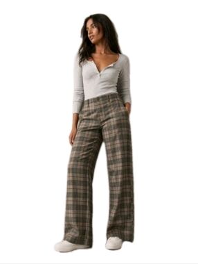 Size 8 American Eagle High Waist Wide Leg Plaid Trouser Pants Brown Office Work